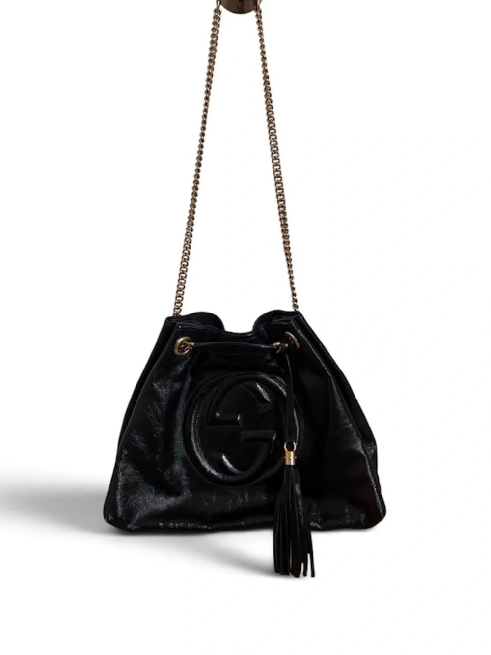 Gucci Soho Chain Tote Black Pebbled Leather Large GG Tassel Shoulder Bag